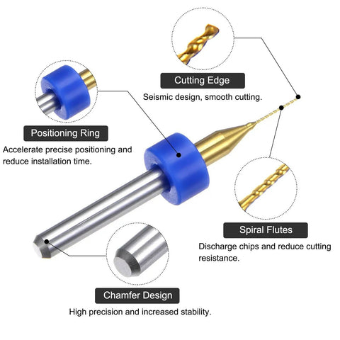 Diagram of Tiny But Mighty 0.35mm Titanium Coated Carbide Micro Drill Bit Set for PCB and Jewelry CNC Engraving with labeled features.