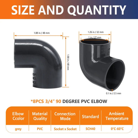 8 Pack Three Quarter Inch Gray PVC 90 Degree Elbow Fittings, SCH40 compatible, DIY plumbing, sturdy corner joints up to 330 PSI.