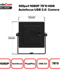 Front view of 1080P HDR USB Camera Module with Autofocus, 75-degree wide angle, USB 2.0, for Windows, Linux, Mac OS, Android.