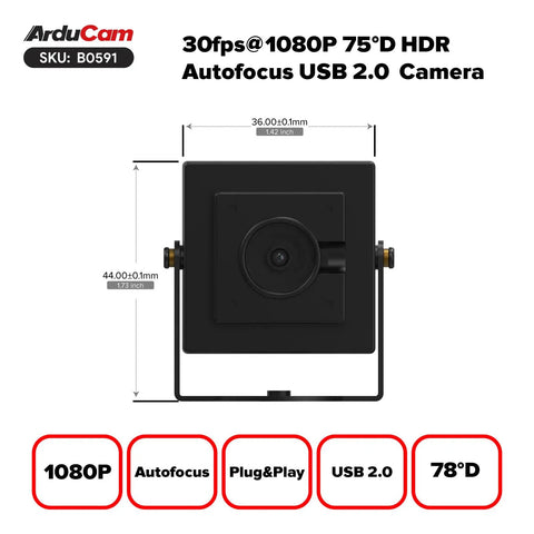 Front view of 1080P HDR USB Camera Module with Autofocus, 75-degree wide angle, USB 2.0, for Windows, Linux, Mac OS, Android.