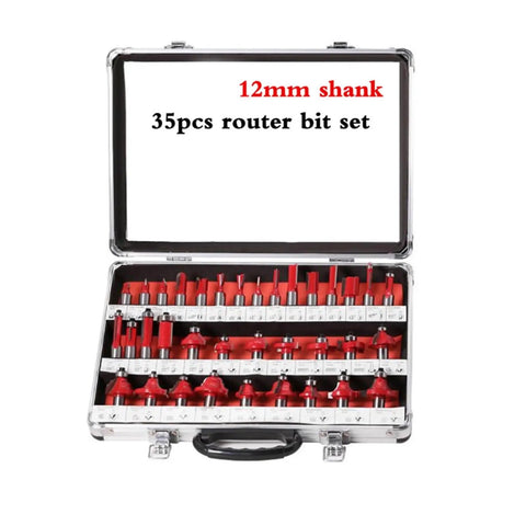35 Piece Router Bit Set With 12 Mm Shank Tungsten Carbide woodworking milling cutters in rugged plastic case.