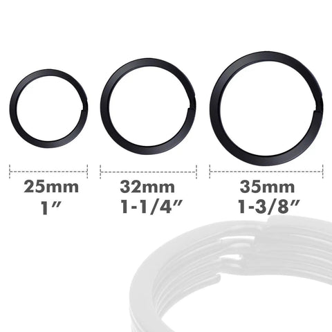 Locking Carabiner Keychain Clips Set Of 3 With 9 Assorted Size D Ring Key Rings, showing 25mm, 32mm, 35mm black rings