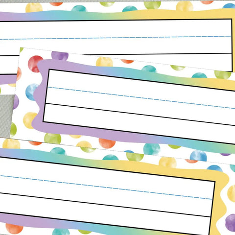 Colorful Dot Desk Nameplates Set 9.5x3 Inches For Kids Classrooms, 48 Pcs Confetti Watercolor Manuscript Name Plates, Reusable Desk Tags