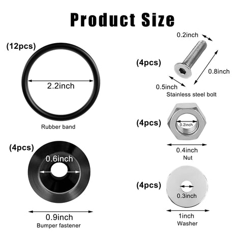 Universal Car Bumper Quick Release Kit dimensions with stainless steel screws, rubber O-ring washers, and bumper fasteners