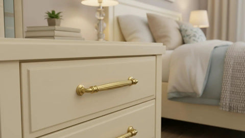 Fluted Champagne Bronze Cabinet Pulls 5 Inch Hole Center 10 Pack Decorative Hardware Handles For Kitchen Cabinets And Vanities With Timeless Elegance For Everyday Use installed on beige drawer