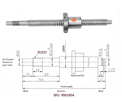 16mm Anti Backlash Ballscrew Kit for CNC Machines 400mm Long with 4mm Lead Includes Ball Screw Nut BK12 BF12 End Supports Diagram