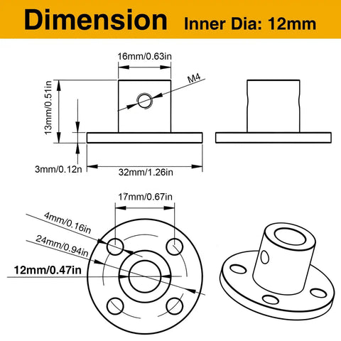 Technical diagram of 12mm flange coupling connectors set of 4 for RC motors, shows dimensions and design features.