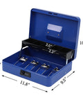 Open Premium Metal Cash Box With Tray And Killer Combination Lock, blue metal box showing bill and coin slots, dimensions labeled.