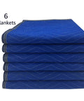 Stack of 6 blue quilted moving blankets, 72x80 inches, Four Pack Heavy Duty Moving Blankets For Furniture Protection Quilted Padding 72 By 80 Inches Blue Ideal For Household Moves Preventing Dents And Scratches During Packing And Transport.