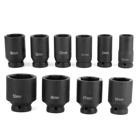 Big Grip 3/4 Inch Drive Metric Deep Impact Socket Set With CrMo Steel Heavy Duty Tool Kit For Car Auto Repair And Garage Use Includes 10 Pieces Ranging 6 To 50mm 6 Point Design Made Tough For Real Hardcore Jobs, 10 black 3/4-inch deep impact sockets 22mm to 50mm