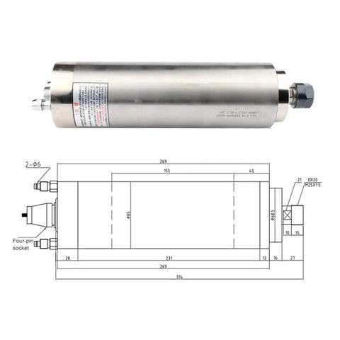 2.2KW Water Cooled Spindle Motor For CNC Router And Milling Machine Featuring Liquid Cooling showing dimensions and stainless steel design.