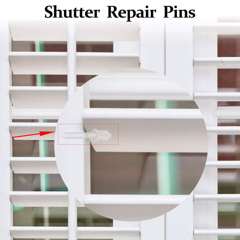 Top Shelf White Shutter Repair Pins Twenty Pack One By Point Two Five Inch louver pins inserted through white plantation shutter slats.