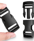 Close-up of a 6 Pack 1 Inch Quick Release Plastic Buckles Clips Dual Adjustable Replacement for Backpack Nylon Webbing Straps.