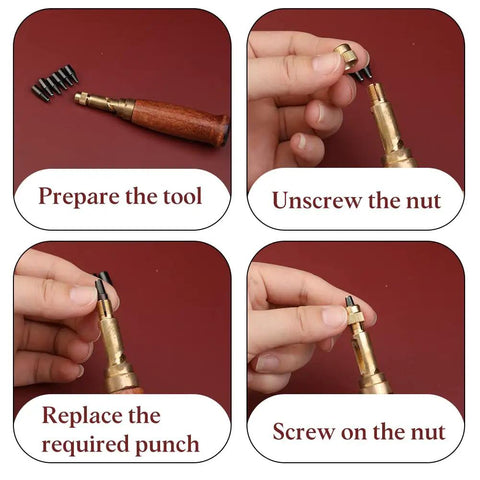 Step-by-step process using Adjustable Leather Hole Punch Tool With Wooden Handle Automatic Puncher Hollow Punch Six Size Tips.