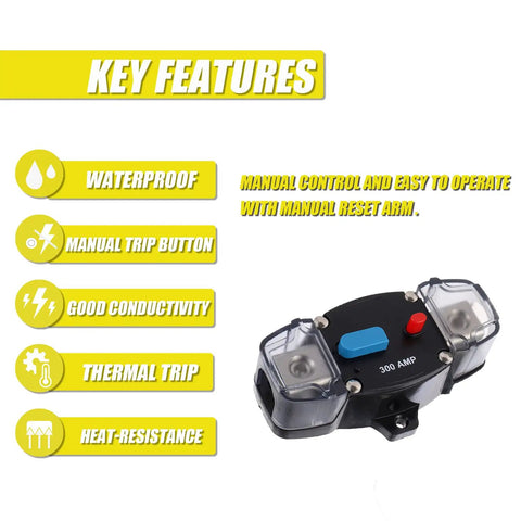 Heavy Duty 300Amp DC Circuit Breaker Delivering Rock Solid Auto Recovery And Easy Manual Reset Switch For Automotive Rv Marine Boat Wiring with key features highlighted.