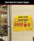 1482BP410 Covered Lockout Tagout Station with four Zenex Thermoplastic Padlocks mounted on a shop wall