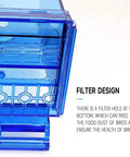 Total Game Changer Automatic Bird Feeder With Clear Acrylic Bowl For Parrots shows filter design for food dust removal.
