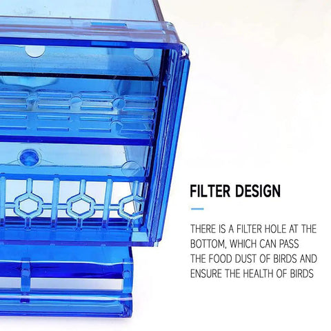 Total Game Changer Automatic Bird Feeder With Clear Acrylic Bowl For Parrots shows filter design for food dust removal.