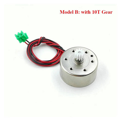 Brushed Micro DC Motor RF-300C Mini 300 Series, Model B with 10T gear, silver motor body, exposed gear, coiled wires