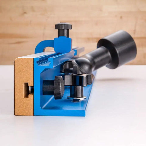 Side view of a Drill Press Fence With Adjustable MDF Faces For Easy, Precise Repeatability showing mounting mechanism.