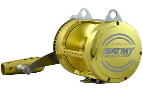 Beefy 50W Two Speed Twin Drag Fishing Reel For Big Game Saltwater Trolling with anodized finish and stainless gears side view