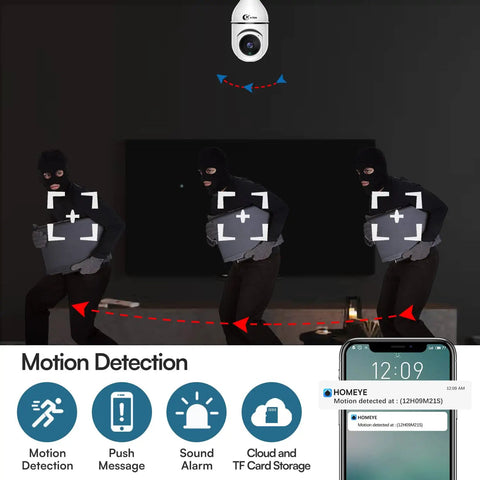 Wireless WiFi Light Bulb Camera 3MP Security Camera With 360 Degree Pan Tilt showing motion detection on intruders