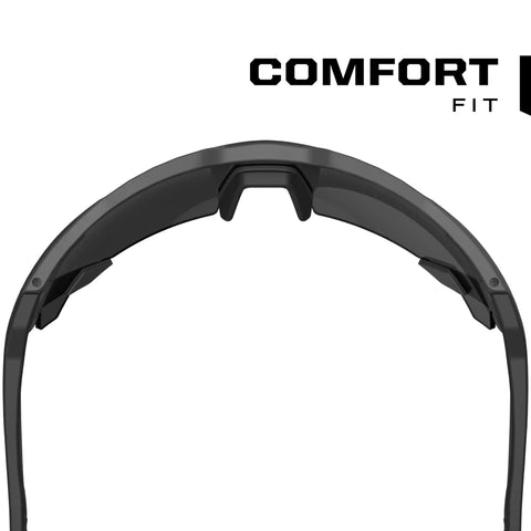 Top view of Vision Type E Safety Glasses with Fire Mirror Lens for the jobsite, anti-fog and scratch resistant, black half frame protective eyewear.