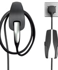 Slick Wall Mount Charging Cable Organizer For Tesla With Beefy Chassis Bracket And Tight Grip Power Cord Holder For Model 3 Model Y Model S Model X Garage Setup Matte Black, wall-mounted with charging cord.