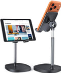 Dope Ergonomic Adjustable Desk Phone Stand For Home Office And Gaming Setup Holds iPhone iPad Switch And More 7.1 To 8.5 Inch Height 5 To 85 Degree Tilt Prevents Text Neck, demonstrating adjustable height and tilt with iPhone and tablet.