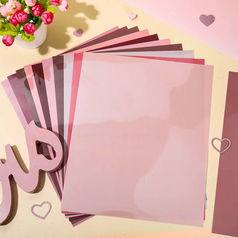 Gradient Pink Heat Transfer Vinyl Pack with 12 sheets for DIY clothing and costume crafting, assorted pink HTV sheets, 9.6 x 11.8 inches.
