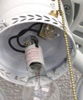 Two-Wire Pull Chain Ceiling Fan Light Switch ZE-109 in bronze, installed, showing chain and wiring, UL Listed CSA Certified