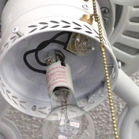 Two-Wire Pull Chain Ceiling Fan Light Switch ZE-109 in bronze, installed, showing chain and wiring, UL Listed CSA Certified