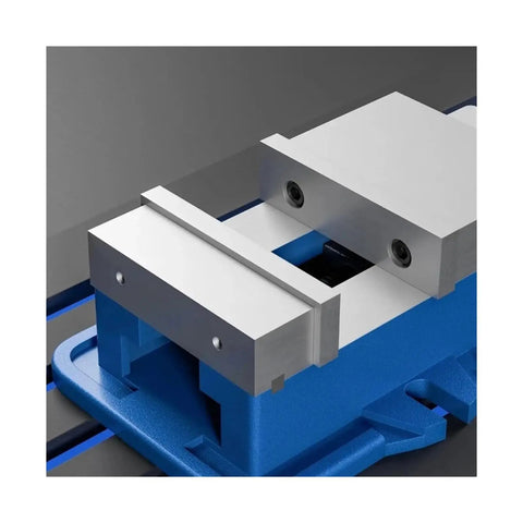 Close-up of Heavy Duty 4 Inch Precision Bench Vise With Smooth Pull Down Locking Mechanism For Milling And Drilling Machines.