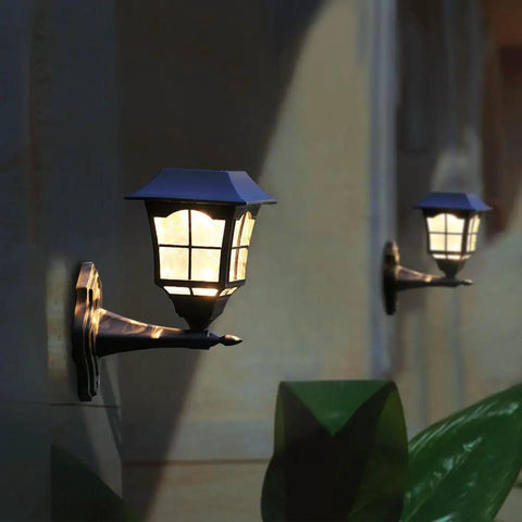 4 Pack Solar Wall Lanterns Lights Outdoor Waterproof 15 Lumens Per LED Two LED Bulbs Wall Mount Kit Included For Shed Fence Garden Decor