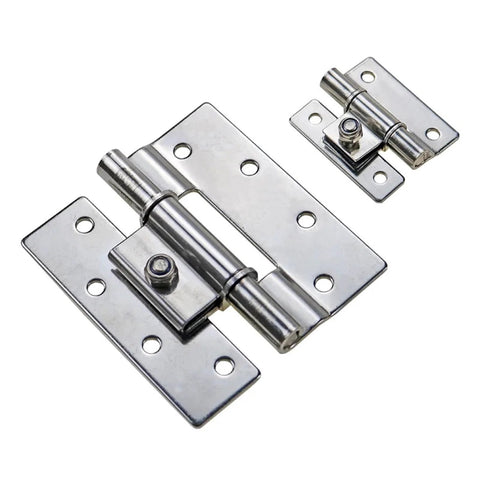 Front view of stainless steel adjustable torque hinge with mounting plates for heavy-duty industrial use