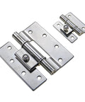 Angled view of two stainless steel adjustable torque hinges for industrial equipment, Amazon brand.