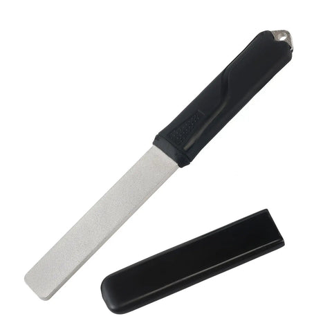 Beast Dual Grit Diamond Sharpening Stone File with handle and protective cover for garden tools and blades visible