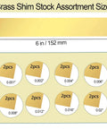 Brass Shim Stock Assortment Set For DIY Pros, 6 inch by 1 inch, 0.001 to 0.02 inch thickness, 16 pieces, size chart shown.