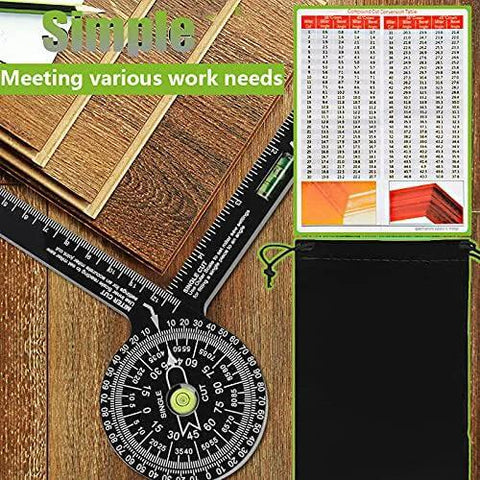 Aluminum miter saw protractor angle finder with level gauge; black circular protractor and storage bag visible