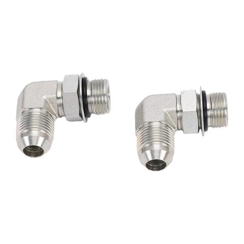 Solid 2 Pack 1/4 Inch 37 Degree Flare To SAE Orb Hydraulic Fitting Adapter Connects Threads To Orbit Rings Like A Champ For Hoses Valves Cylinders And Pumps Leak Free Under Pressure Always For Heavy Duty Work Built Sick Every Single Day 90-degree elbow fittings shown
