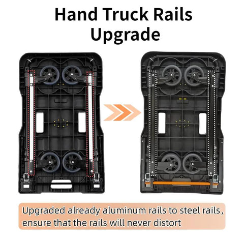 Foldable Hand Truck With 330 Lbs Capacity Heavy Duty Luggage Cart Portable Push Cart Dolly With Adjustable Handle For Home Travel Office Use Easy To Fold And Store Built To Haul Heavy Loads On The Go, Tough As Nails, showing rail upgrade from aluminum to steel.