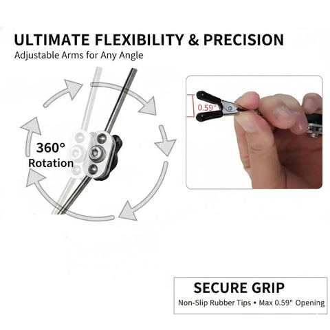 Close-up of Must-Have Helping Hands Soldering Tool With Steel Base and Adjustable Joint Clamp demonstrating 360° rotation and secure grip.