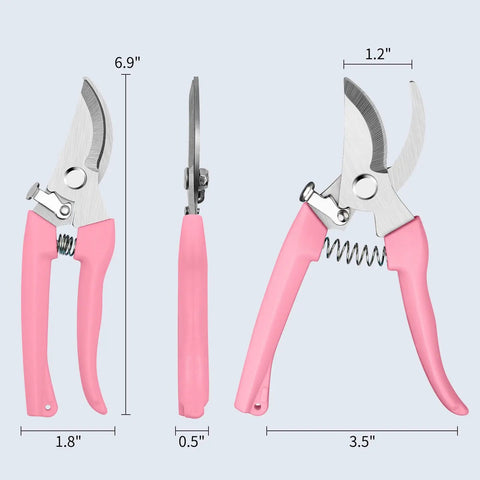 Ultra Sharp Stainless Steel Flower Scissors with Ergonomic Non Slip Handle for Easy Garden Pruning, pink color, dimensions shown