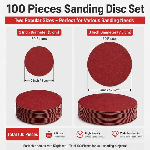 Get Your Hands On This Banger 100 Piece Assortment Pack Of Premium Aluminum Oxide Sanding Discs With Hook And Loop Backing, 2" and 3" sizes.
