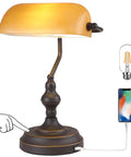 Jade Green Glass Vintage Banker Desk Lamp With Antique Brass Finish, Touch Control Three Way Dimmable, USB Charging