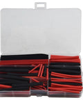 Heavy Duty 150 Piece Heat Shrink Tubing Kit With Black And Red Polyolefin Wire Cable Sleeves For Tough Insulation Jobs Plus Dual Color Organization To Make Wiring A Breeze And Keep Things Straight Without Any Slipping. open case with red and black heat shrink tubes