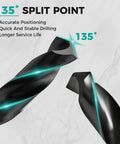 Close-up of Five Eighth Inch Cobalt Drill Bit For Metal And Hardened Steel Built Tough For Pro Jobs with 135° split point design.