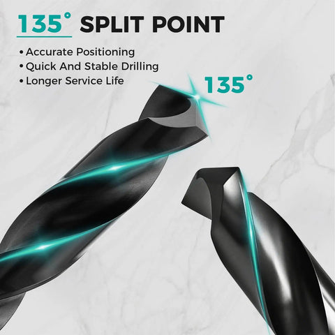 Close-up of Five Eighth Inch Cobalt Drill Bit For Metal And Hardened Steel Built Tough For Pro Jobs with 135° split point design.