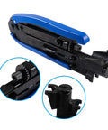 Adjustable Coax Cable Crimp Kit with blue handle, featuring detailed views of components for RG6 RG59 RG11 coaxial cables.