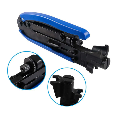 Adjustable Coax Cable Crimp Kit with blue handle, featuring detailed views of components for RG6 RG59 RG11 coaxial cables.